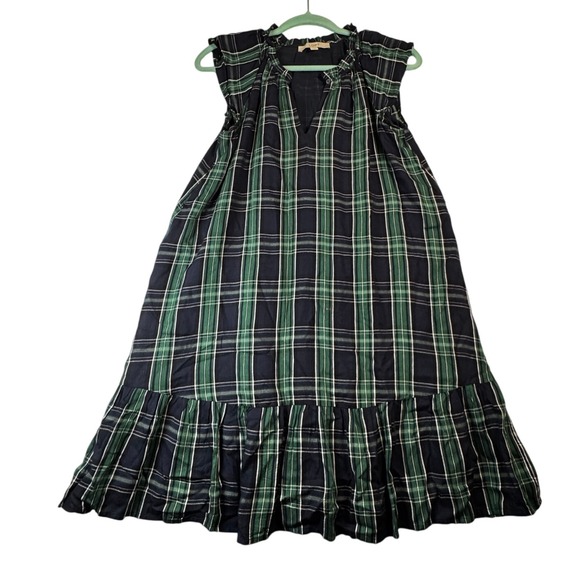 LOFT Dresses & Skirts - Loft Navy Green Plaid Sleeveless Midi Dress Ruffle‎ Neck Casual Boho Cap Sleeve